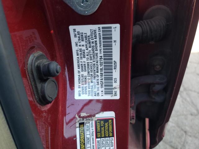 1HGFA16818L102784 - 2008 HONDA CIVIC EX BURGUNDY photo 12