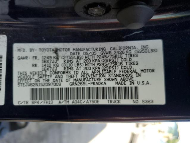 5TEJU62N15Z097009 - 2005 TOYOTA TACOMA DOUBLE CAB PRERUNNER BLUE photo 13