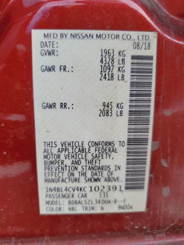 1N4BL4CV4KC102391 - 2019 NISSAN ALTIMA SR 红色 照片 12