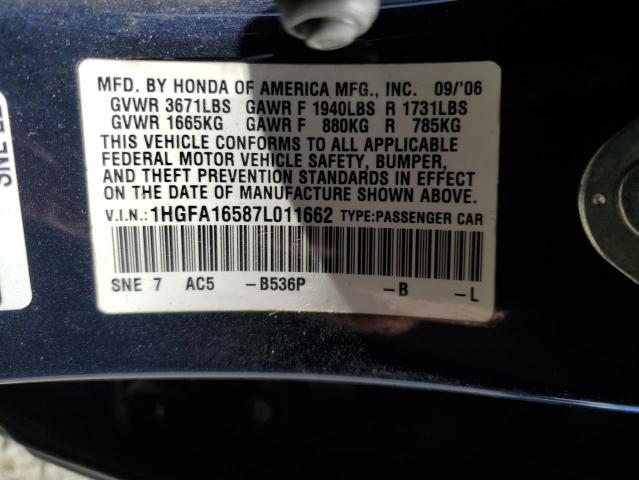 1HGFA16587L011662 - 2007 HONDA CIVIC LX BLUE photo 12