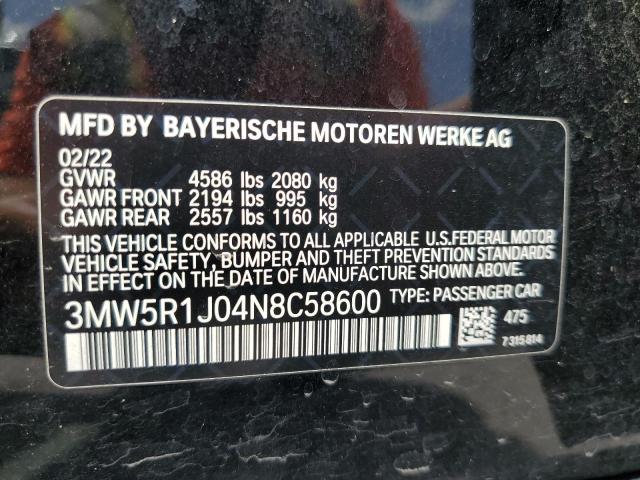 3MW5R1J04N8C58600 - 2022 BMW 330I BLACK photo 12