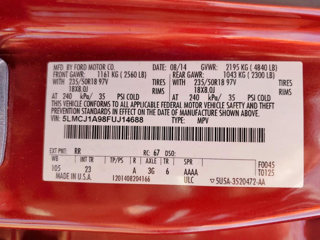 5LMCJ1A98FUJ14688 - 2015 LINCOLN MKC 红色 照片 14