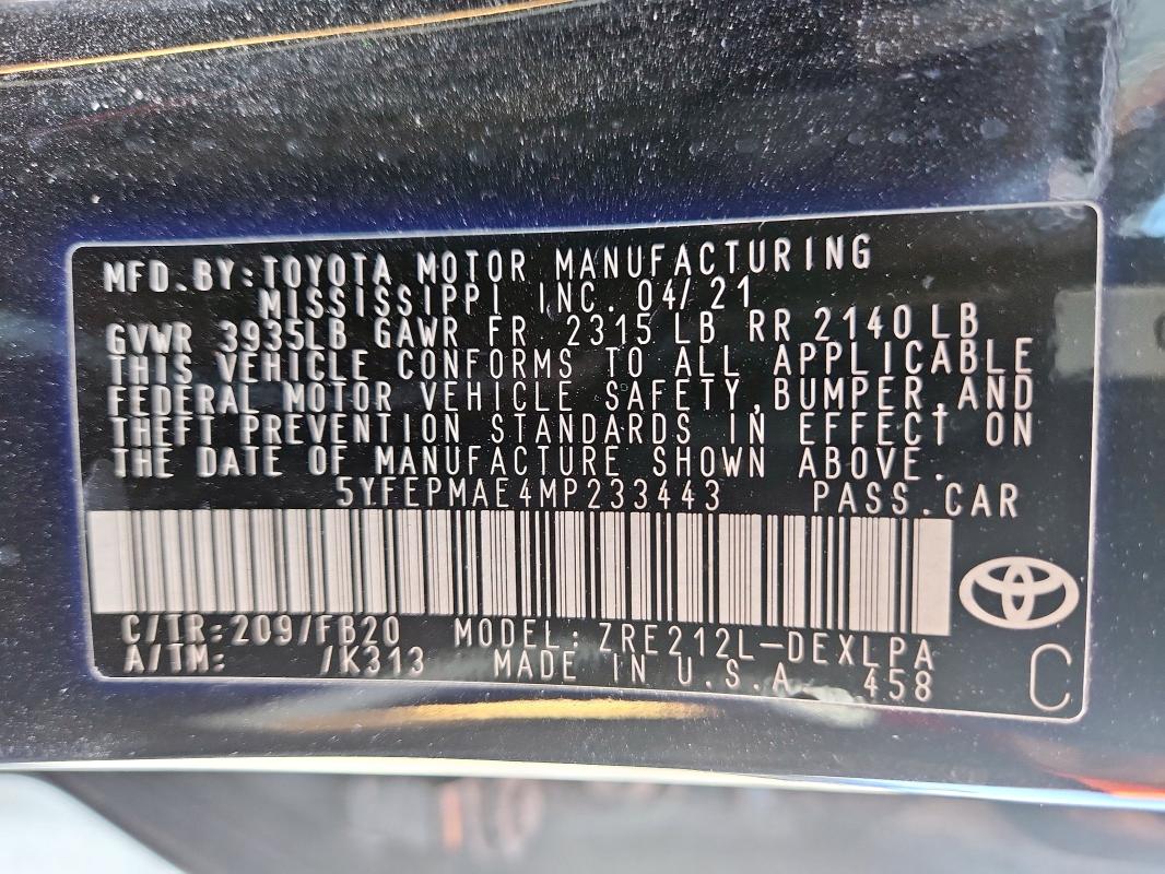 5YFEPMAE4MP233443 - 2021 TOYOTA COROLLA LE BLACK photo 12