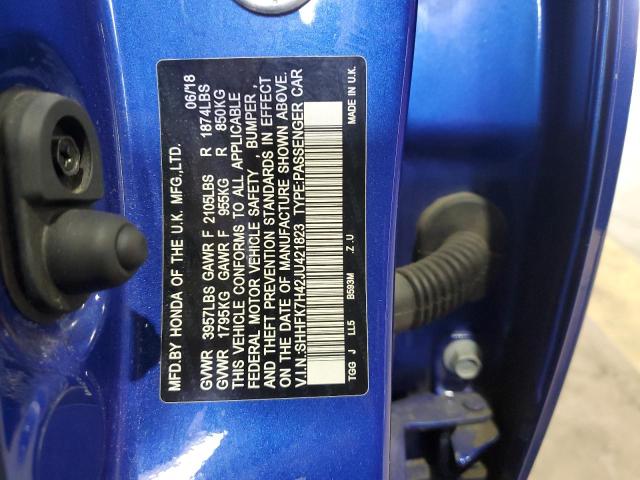 SHHFK7H42JU421823 - 2018 HONDA CIVIC SPORT Bleu photo 12