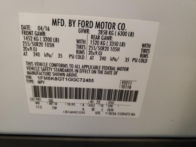 1FM5K8GT1GGC72455 - 2016 FORD EXPLORER SPORT WHITE photo 13