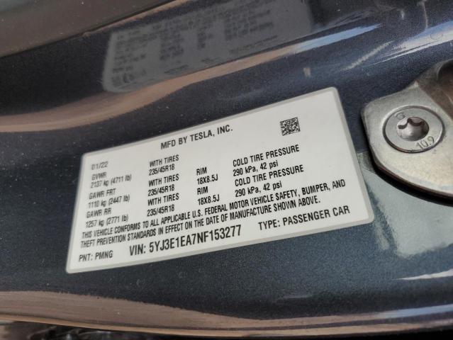 5YJ3E1EA7NF153277 - 2022 TESLA MODEL 3 ნაცრისფერი ფოტო 13