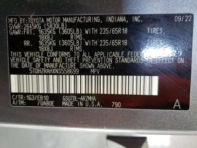 5TDHZRAHXNS558699 - 2022 TOYOTA HIGHLANDER XLE ნაცრისფერი ფოტო 14