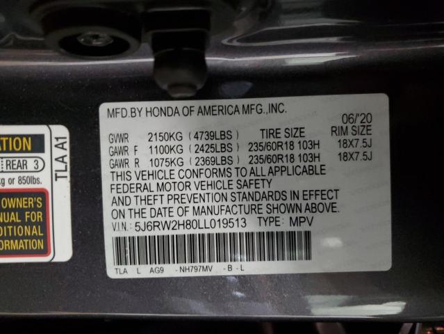 5J6RW2H80LL019513 - 2020 HONDA CR-V EXL GRAY photo 13