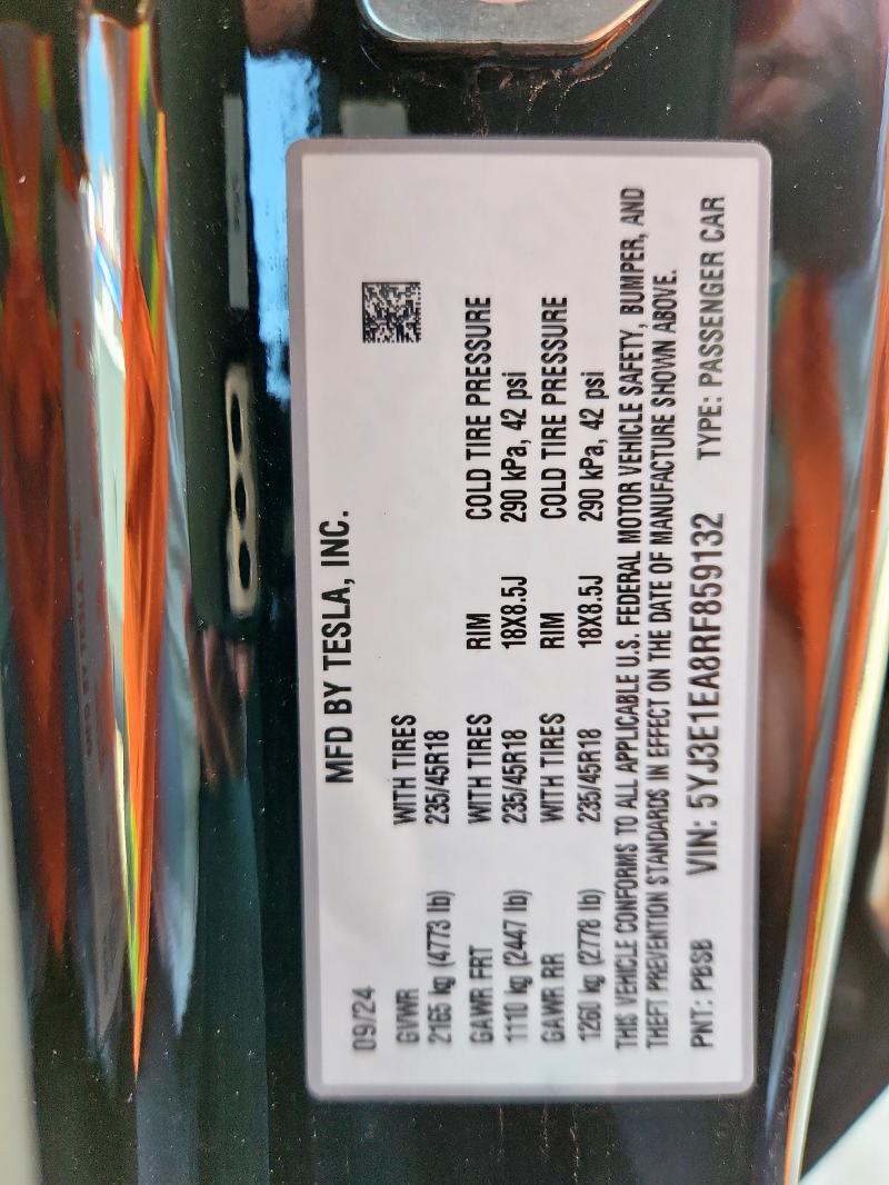 5YJ3E1EA8RF859132 - 2024 TESLA MODEL 3 Qara foto 12