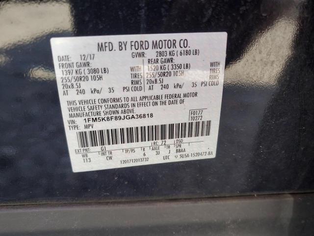 1FM5K8F89JGA36818 - 2018 FORD EXPLORER LIMITED Negro foto 13