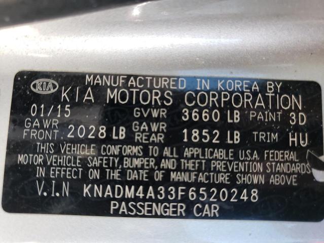 KNADM4A33F6520248 - 2015 KIA RIO LX SILVER photo 12