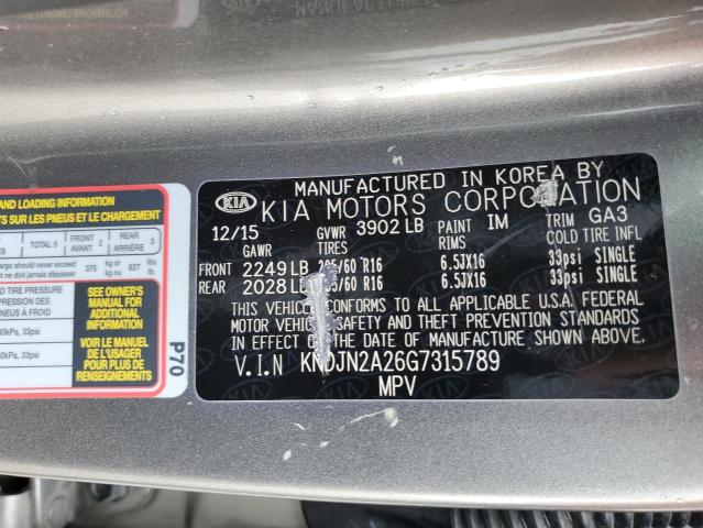 KNDJN2A26G7315789 - 2016 KIA SOUL GRAY photo 12