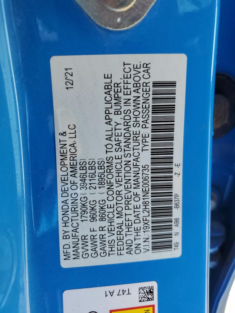 19XFL2H81NE006735 - 2022 HONDA CIVIC SPORT 蓝色 照片 13