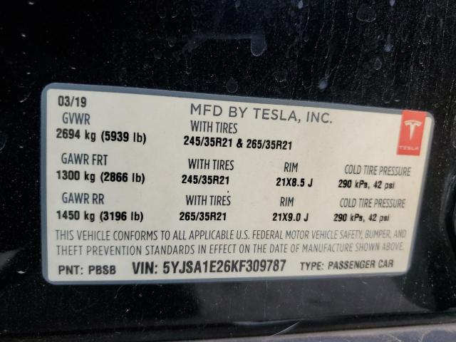 5YJSA1E26KF309787 - 2019 TESLA MODEL S Siyah fotoğraf 12