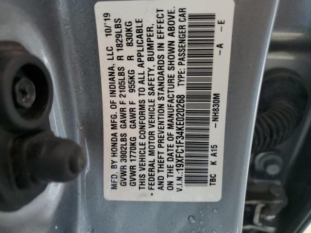 19XFC1F34KE020268 - 2019 HONDA CIVIC EX SILVER photo 12