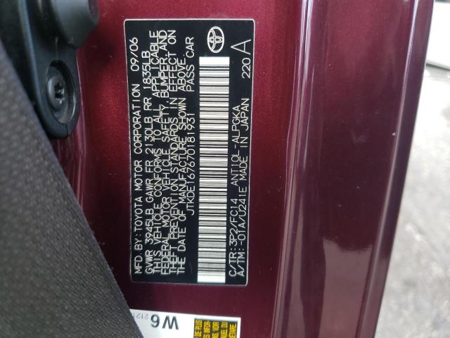 JTKDE167670181931 - 2007 TOYOTA SCION TC 栗色 照片 12