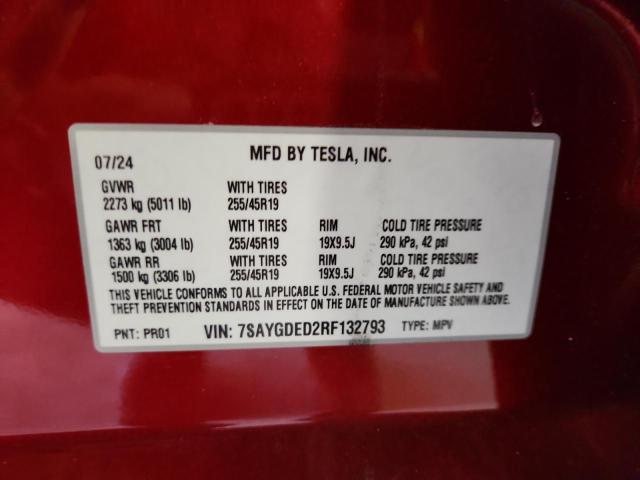 7SAYGDED2RF132793 - 2024 TESLA MODEL Y RED photo 14