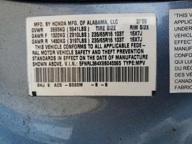 5FNRL384X9B045565 - 2009 HONDA ODYSSEY EX BLUE photo 13