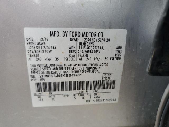 2FMPK3J95KBB49931 - 2019 FORD EDGE SEL 银色 照片 13