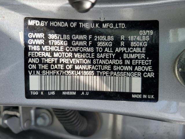 SHHFK7H35KU418665 - 2019 HONDA CIVIC LX 银色 照片 13