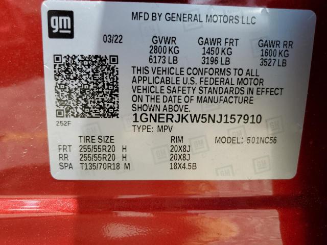 1GNERJKW5NJ157910 - 2022 CHEVROLET TRAVERSE RS RED photo 13