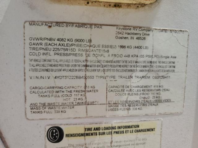 4YDT31222BB450553 - 2011 OUTB TRAVEL TRL თეთრი ფოტო 10