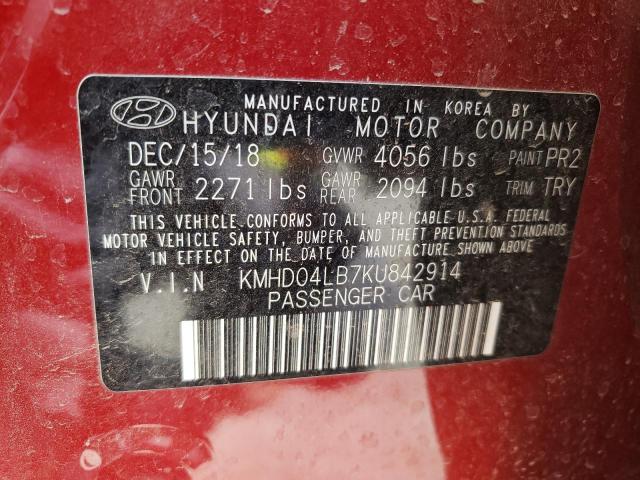 KMHD04LB7KU842914 - 2019 HYUNDAI ELANTRA SPORT RED photo 12