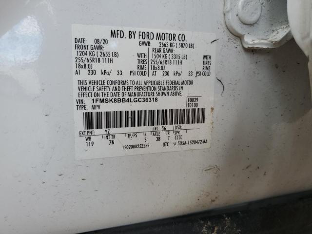 1FMSK8BB4LGC36318 - 2020 FORD EXPLORER WHITE photo 12