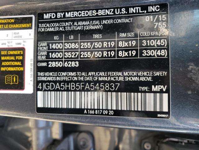 4JGDA5HB5FA545837 - 2015 MERCEDES-BENZ ML 350 4MATIC GRAY photo 13