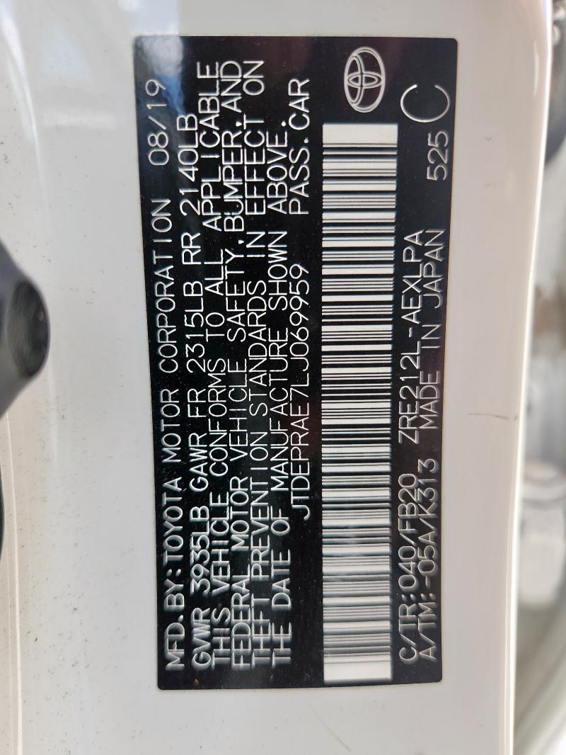 JTDEPRAE7LJ069959 - 2020 TOYOTA COROLLA LE WHITE photo 12