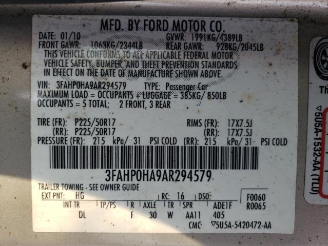 3FAHP0HA9AR294579 - 2010 FORD FUSION SE BLACK photo 12