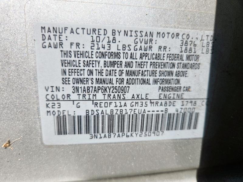 3N1AB7AP6KY250907 - 2019 NISSAN SENTRA S 银色 照片 12