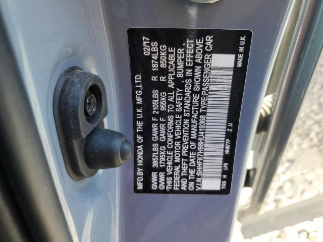 SHHFK7H98HU419368 - 2017 HONDA CIVIC SPORT TOURING SILVER photo 12