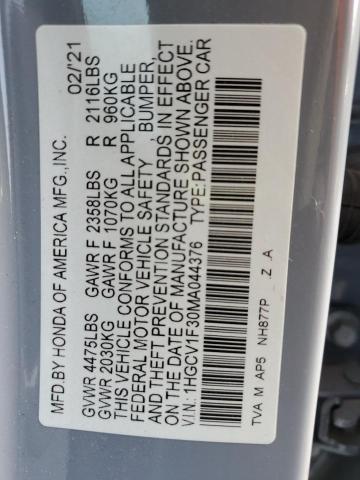 1HGCV1F30MA044376 - 2021 HONDA ACCORD SPORT GRAY photo 12