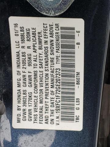 19XFC1F72GE207373 - 2016 HONDA CIVIC EXL ლურჯი ფოტო 12