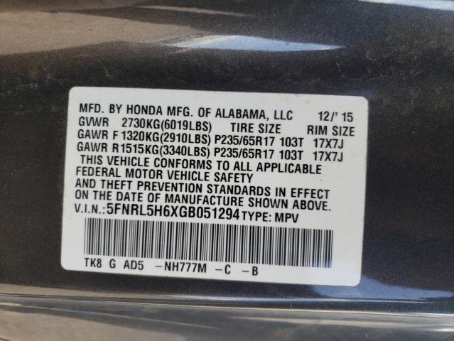 5FNRL5H6XGB051294 - 2016 HONDA ODYSSEY EXL GRAY photo 12