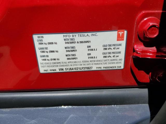 5YJSA1E21LF370627 - 2020 TESLA MODEL S 灰色 照片 12