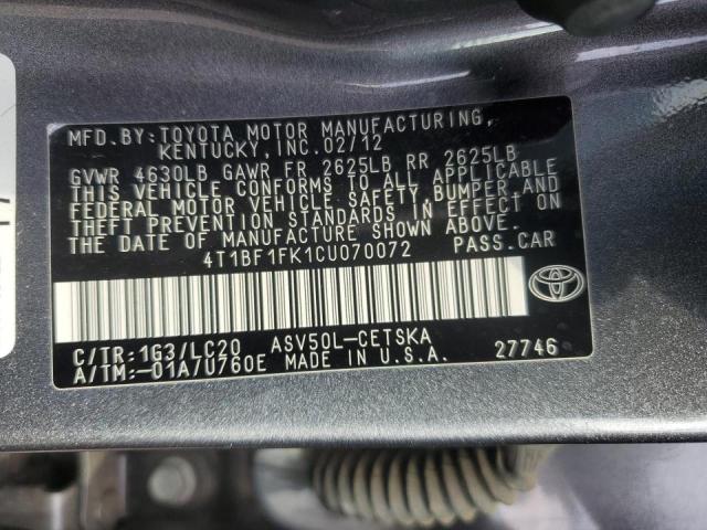 4T1BF1FK1CU070072 - 2012 TOYOTA CAMRY BASE GRAY photo 13