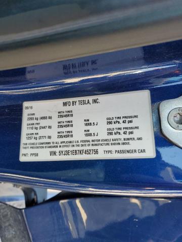5YJ3E1EB7KF452756 - 2019 TESLA MODEL 3 蓝色 照片 12