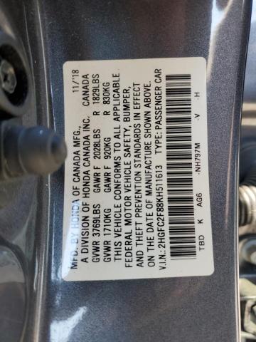 2HGFC2F88KH511613 - 2019 HONDA CIVIC SPORT 灰色 照片 12