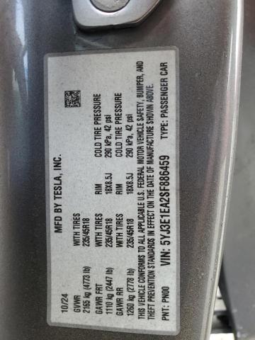 5YJ3E1EA2SF886459 - 2025 TESLA MODEL 3 SILVER photo 12