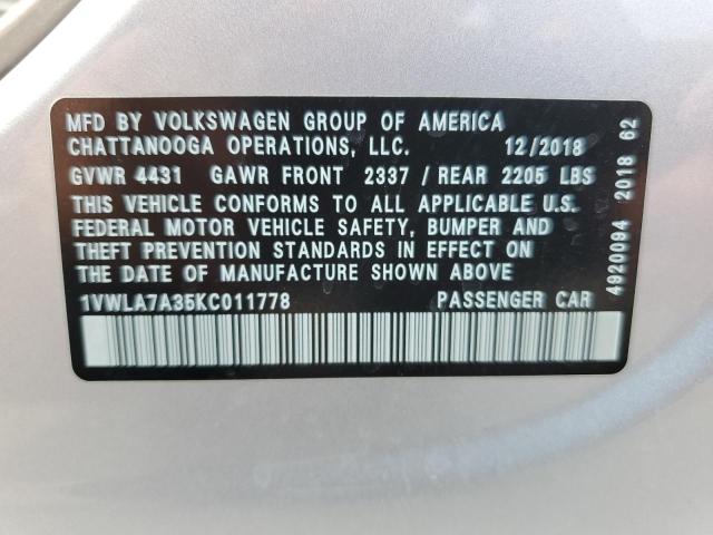 1VWLA7A35KC011778 - 2019 VOLKSWAGEN PASSAT WOLFSBURG SILVER photo 12