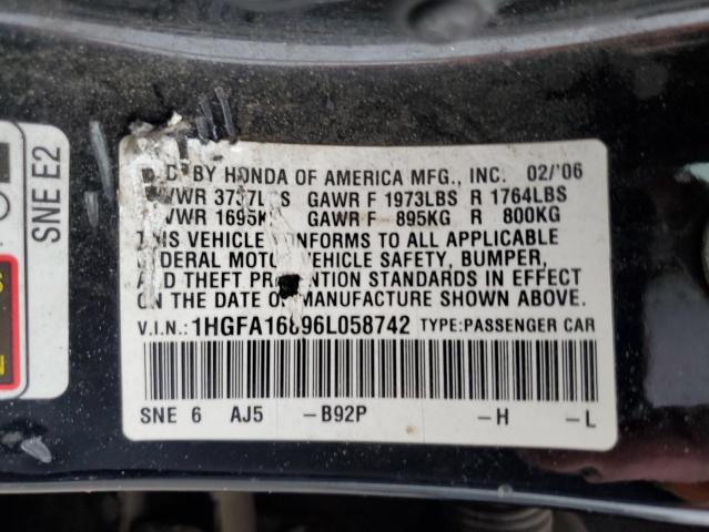 1HGFA16896L058742 - 2006 HONDA CIVIC EX BLACK photo 12