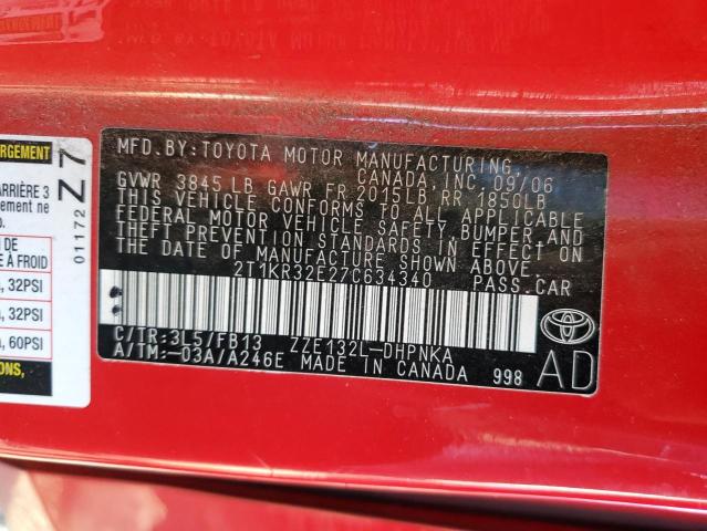 2T1KR32E27C634340 - 2007 TOYOTA COROLLA MA XR RED photo 12