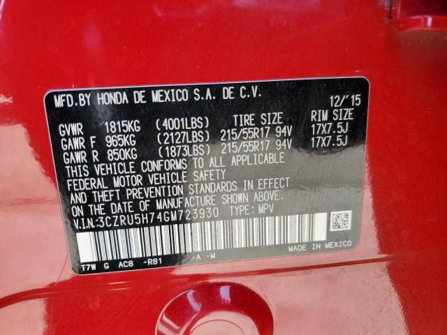 3CZRU5H74GM723930 - 2016 HONDA HR-V EXL RED photo 12