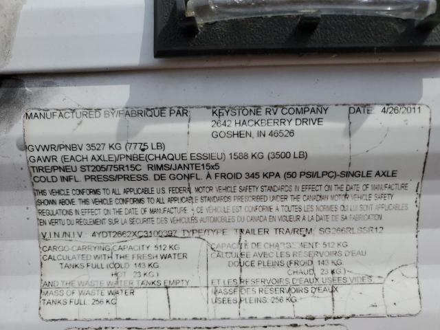 4YDT2662XC3100397 - 2012 KEYSTONE RV SPRINGDALE WHITE photo 10