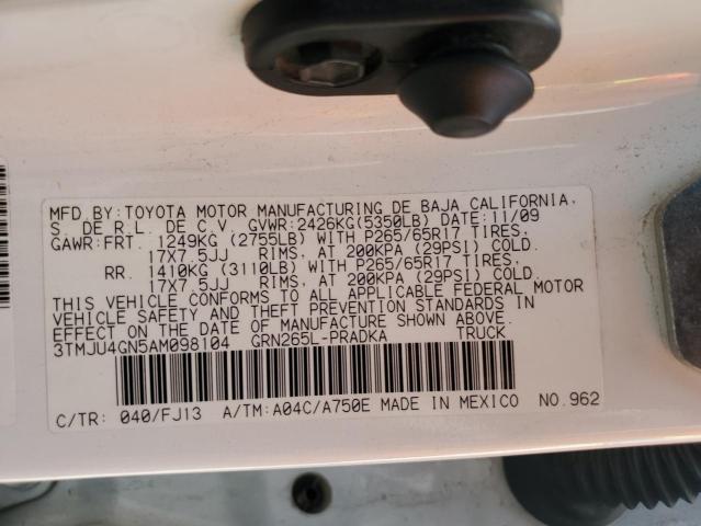 3TMJU4GN5AM098104 - 2010 TOYOTA TACOMA DOUBLE CAB PRERUNNER WHITE photo 12