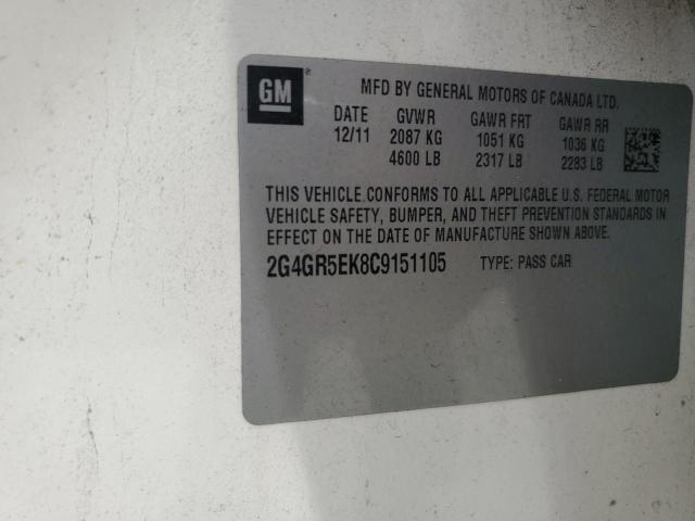 2G4GR5EK8C9151105 - 2012 BUICK REGAL WHITE photo 12