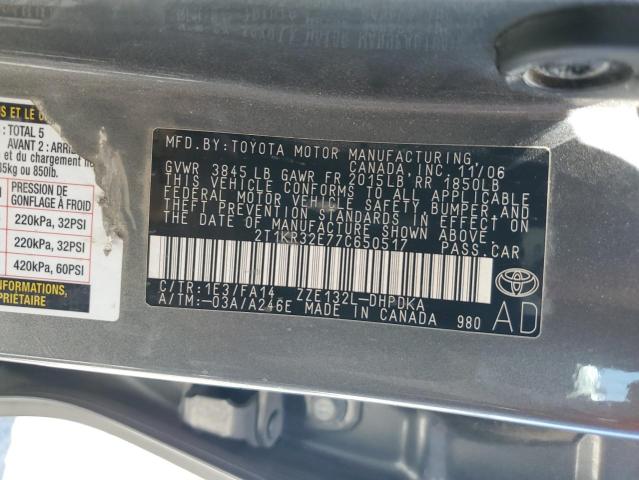 2T1KR32E77C650517 - 2007 TOYOTA COROLLA MA XR GRAY photo 12