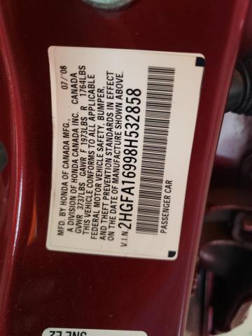 2HGFA16998H532858 - 2008 HONDA CIVIC EXL BURGUNDY photo 12